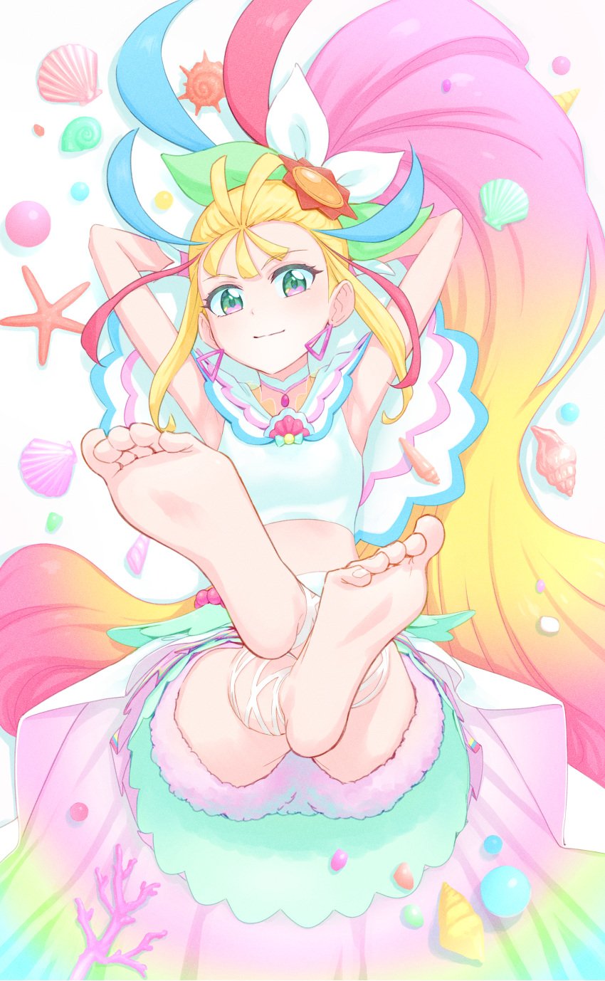 absurdres armpits arms_behind_head barefoot blonde_hair bow choker closed_mouth clothing crop_top cure_summer earrings feet female flat_chest floating_hair full_body gem gradient_hair green_eyes hairbow highres itou_shin'ichi itou_shin'ichi jewelry long_hair looking_at_viewer midriff multicolored_hair natsuumi_manatsu pink_hair pink_shorts pleated_skirt precure pretty_cure red_gemstone sailor_collar shorts shorts_under_skirt skirt smile soles solo stomach toe_scrunch toenails toes tropical-rouge!_precure very_long_hair white_bow white_choker white_sailor_collar