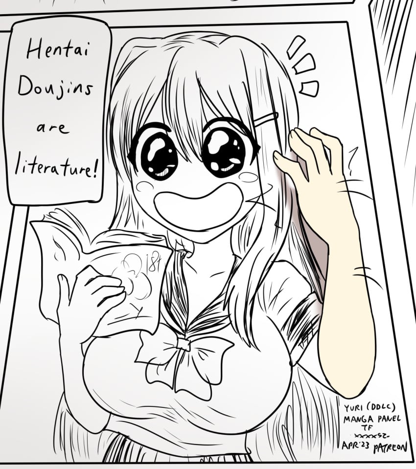 black_and_white doki_doki_literature_club flattened flattening reading_manga reading_pornography ridiculous transformation xxxx52 yuri_(doki_doki_literature_club)