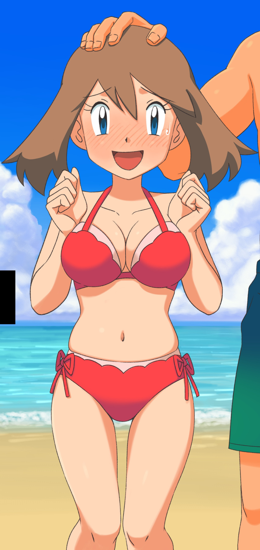 1girls big_breasts bikini blue_eyes blush breasts brown_hair busty cleavage female large_breasts legs looking_at_viewer may_(pokemon) miraa_(chikurin) navel nintendo open_mouth pokemon pokemon_(game) pokemon_rse red_bikini short_hair smile swimsuit thighs voluptuous