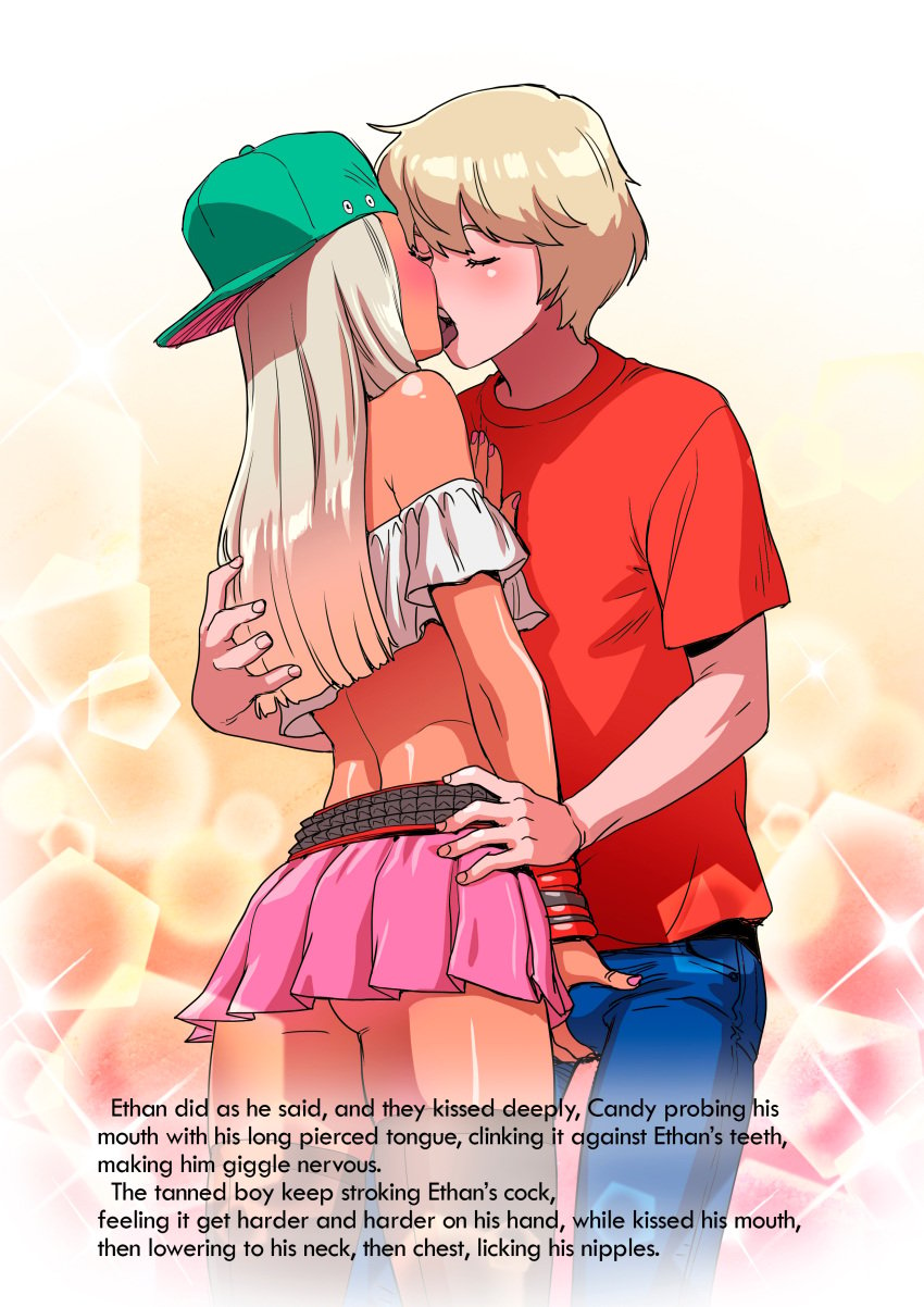 2boys 2femboys androgynous bimbo blonde_hair blue_eyes blush bulge candy_(tekuho) comic crossdressing dark_skin ethan_(tekuho) femboy femboydom feminine_male gay girly groping josou_seme kissing male microskirt open_mouth original panty_bulge penis_bulge pink_nail_polish story tan tekuho text trap yaoi