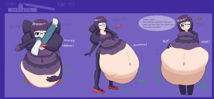 1girls ambiguous_prey belly belly_bulge big_belly big_belly_bulge breasts comic digestion digestion_noises glasses hand_on_belly hand_on_breast megafaget muffled_scream one_eye_closed oral_vore pokemon pokemon_bw pokemon_bw2 sequence shauntal_(pokemon) short_hair soft_vore sore_loser squirming squirming_gut stomach_bulge stomach_noises struggling struggling_prey talking_to_prey tongue_out unwilling_prey vore vore_belly willing_pred