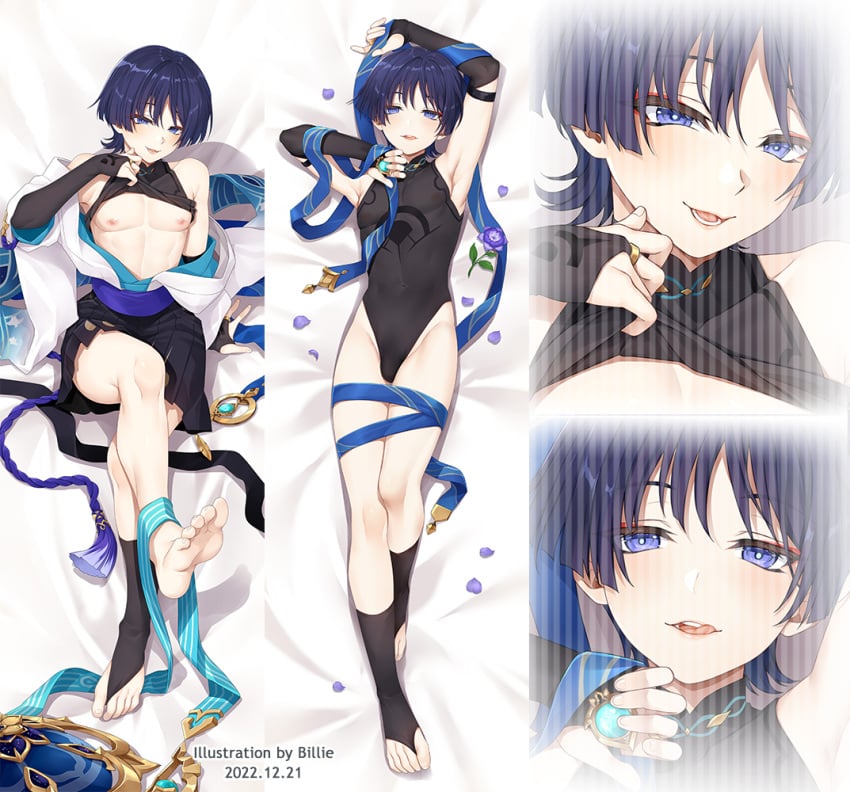 1boy abs armor bangs bed bed_sheet billie_(meng_gong_fang) blue_gemstone blue_hair bridal_gauntlets bulge dakimakura eyeshadow feet femboy gem genshin_impact girly gloves gold_trim hakama jewelry kurokote legs leotard lying lying_on_back makeup male male_focus male_only naughty_face naughty_smile nipples otoko_no_ko ribbon ring samurai_armor scaramouche_(genshin_impact) seductive_look seductive_smile short_hair shorts sleeveless sleeveless_shirt soles solo solo_male toes tongue tongue_out trap wafuku