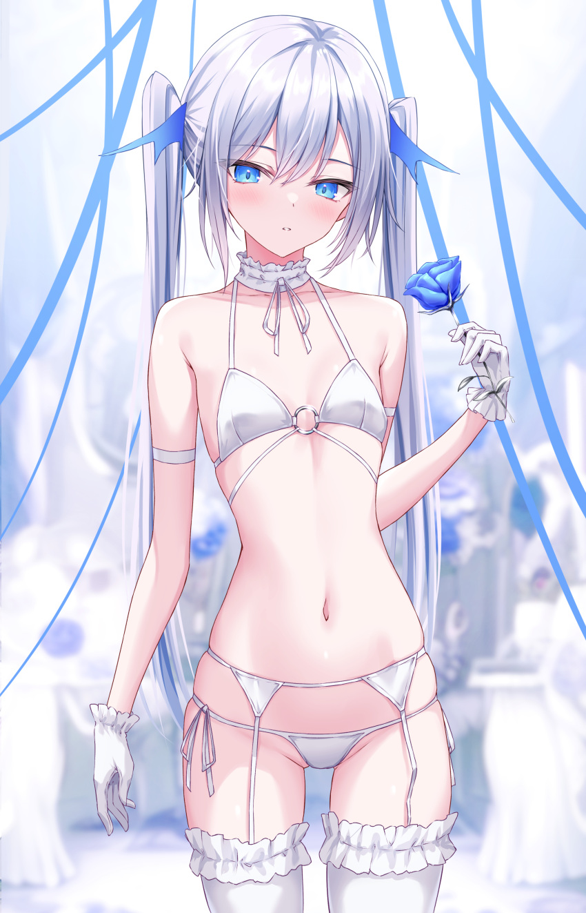 absurdres arm_at_side arm_strap bare_shoulders bikini blue_eyes blue_flower blue_hair blue_ribbon blue_rose blurry blurry_background blush breasts bridal_garter choker cowboy_shot female flower frilled_choker frills garter_belt gloves halterneck hand_up highres holding holding_flower lis_111 long_hair looking_at_viewer multicolored_hair navel o-ring original parted_lips ribbon rose sidelocks small_breasts solo stomach straight_hair streaked_hair string_bikini swimsuit thighhighs thighs twintails underwear very_long_hair white_bikini white_choker white_gloves white_hair white_thighhighs