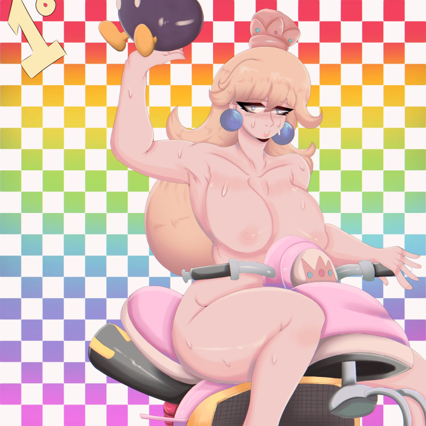 1girls areolae bagxh big_breasts bike blonde_hair blue_eyes blush blush_lines bob-omb breasts completely_nude completely_nude_female crown female female_only long_hair looking_at_viewer mario_(series) mario_kart motorcycle naked naked_female nipples nude nude_female princess_peach sitting solo solo_female sweat