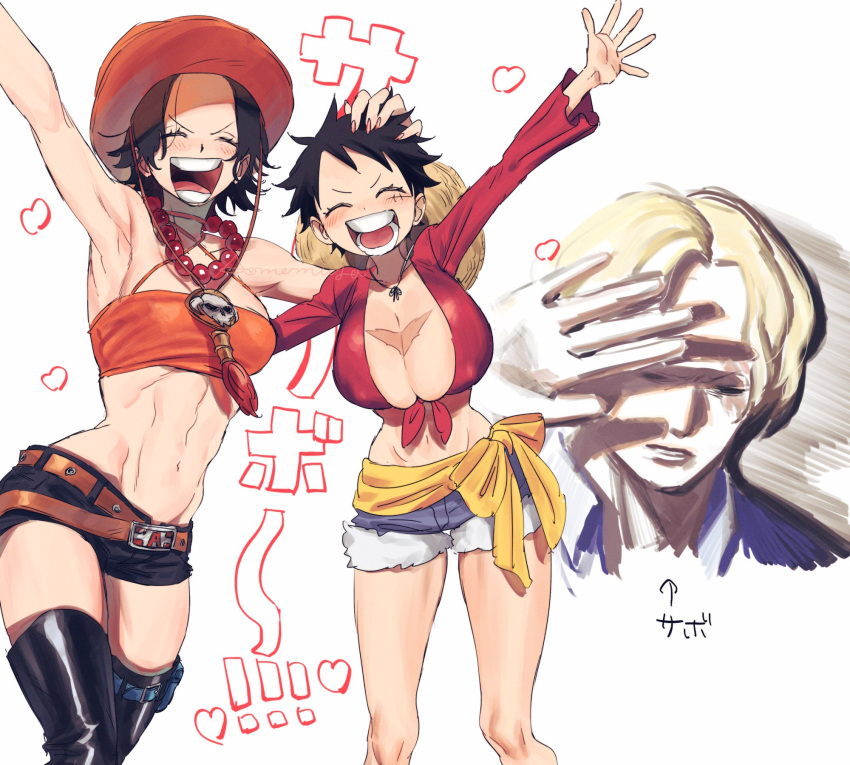 bandeau bead_necklace big_breasts black_hair black_legwear black_thighhighs blush cleavage closed_eyes cowboy_hat denim_shorts facial_scar female female_focus genderswap_(mtf) hat luffyko male momimimiya monkey_d_luffy necklace nipple_bulge one_piece portgas_d_ace portgas_d_ann rule_63 sabo_(one_piece) scar short_hair short_shorts shorts smile straw_hat thigh_boots thighhighs tied_shirt very_short_hair wide_hips