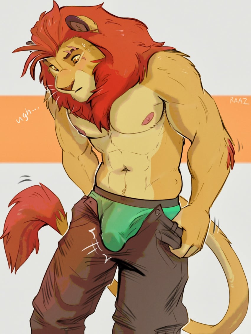 1boy anthro areola bottomwear bulge clothing detailed_bulge disney felid fur genital_outline green_underwear hi_res kion lion male male_only mammal mane meme meme_clothing muscular muscular_anthro muscular_male pantherine pants penis_outline pulling_up_pants raaz solo the_lion_guard the_lion_king tight_pants_(meme) underwear