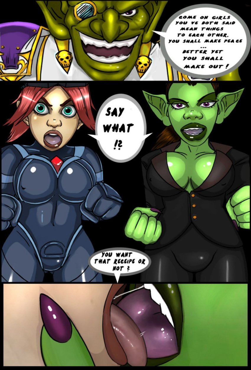 1boy 2girls big_breasts blizzard_entertainment blue_eyes brown_hair comic comic_cover dialogue female female_only gnome gnome_(warcraft) goblin goblin_(warcraft) goblin_female goblin_male green_skin kelsey_steelspark kissing light-skinned_female light_skin marin_noggenfogger megs_dreadshredder purple_eyes red_hair shina shortstack warcraft world_of_warcraft yuri