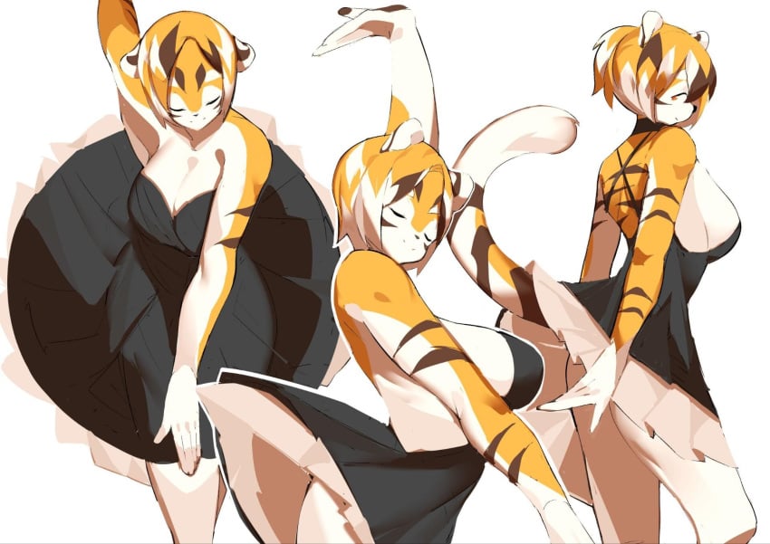 1girls 2023 amber_eyes anthro arknights aspirindabaitu big_breasts cleavage dancing dress furry hypergryph mx99926 side_boob solo solo_female studio_montagne tiger tiger_ears tiger_girl tiger_tail waai_fu_(arknights) white_background yostar