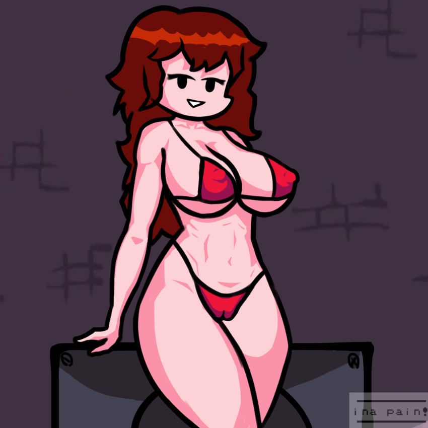 alternate_body_type alternate_breast_size bikini female fnf friday_night_funkin girlfriend_(friday_night_funkin) ina_pain looking_at_viewer pain_(artist) red_bikini red_hair self_upload sitting smile solo speaker thighs