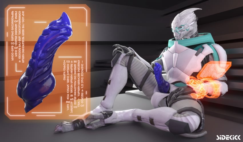 1boy 3d_(artwork) alien barefoot blue_penis bodypaint claws clothed clothing corris_varro digital_media_(artwork) erection face_paint feet genitals hand_on_knee hand_on_leg hand_on_thigh hi_res holographic_screen humanoid knot male male_only mass_effect omni-tool penis presenting presenting_penis sidekick sitting solo spread_legs spreading turian unusual_anatomy unusual_genitalia unusual_penis visor