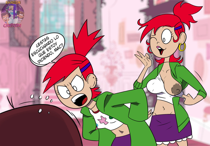 colored edit fellatio_gesture flashing foster's_home_for_imaginary_friends frankie_foster gray_nipples hoop_earrings imaginary_frankie one_breast_out oral_gesture randomcartoon2 red_hair spanish_text speech_bubble terrible_the_drawfag wink winking