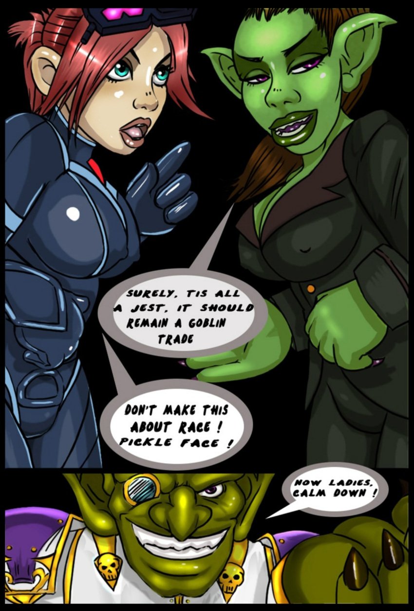 1boy 2girls big_breasts blizzard_entertainment blue_eyes brown_hair comic comic_cover dialogue female female_only gnome gnome_(warcraft) goblin goblin_(warcraft) goblin_female goblin_male green_skin kelsey_steelspark light-skinned_female light_skin marin_noggenfogger megs_dreadshredder purple_eyes red_hair shina shortstack warcraft world_of_warcraft