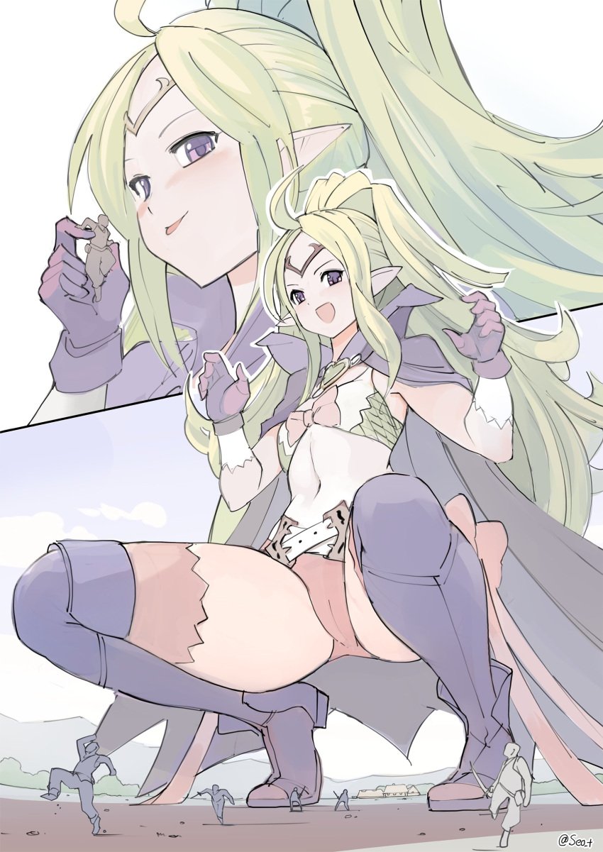 1girls female female_focus fire_emblem fire_emblem_awakening giantess green_hair nintendo nowi_(fire_emblem) pointy_ears purple_eyes seo_tatsuya small_breasts squatting thighs