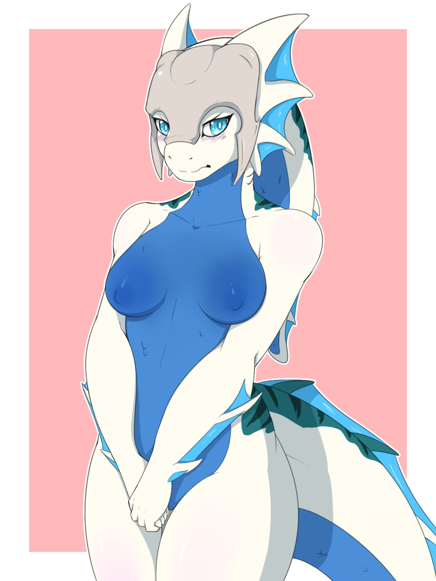 anthro areola armor blue_body blue_eyes blue_scales blush blush_lines dark_areola dragon female fin gills headgear helmet hi_res horn nautilie nipples novah_ikaro pinup pose scales shell shy solo stripes thick_thighs white_body white_scales