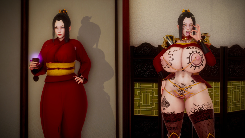 1girls 3d alternate_breast_size arcrad avatar_the_last_airbender azula before_and_after bimbo bimbofication bimbofied body_writing clothing female female_only functionally_nude functionally_nude_female gigantic_breasts honey_select honey_select_2 hourglass_figure huge_breasts nipple_piercing panties pre-transformation pubic_tattoo queen_of_spades solo solo_female stockings tattoo tongue tongue_out transformation wide_hips