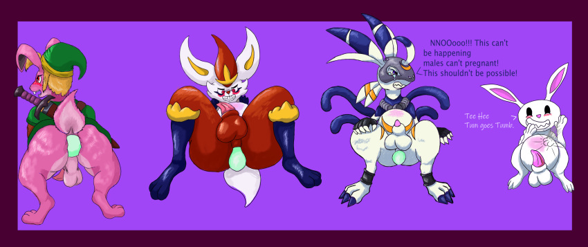 all_fours animal_genitalia anthro balls bandai_namco big_belly blush bodily_fluids cinderace crossover digimon digimon_(species) egg egg_from_ass egg_laying english_text generation_8_pokemon genitals group hi_res lagomorph lekismon leporid link_(rabbit_form) lying male mammal max_(sam_and_max) nintendo on_back penis pokémon_(species) pokemon pokemon_(species) pregnant pregnant_male rabbit sam_and_max sheath tapering_penis tears text the_legend_of_zelda vulnec