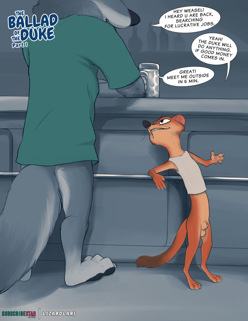 absurd_res animal_genitalia anthro balls bottomless canid canine canis clothed clothing dialogue disney duke_weaselton duo english_text genitals hi_res lizardlars male mammal mustelid musteline sheath text true_musteline weasel wolf zootopia