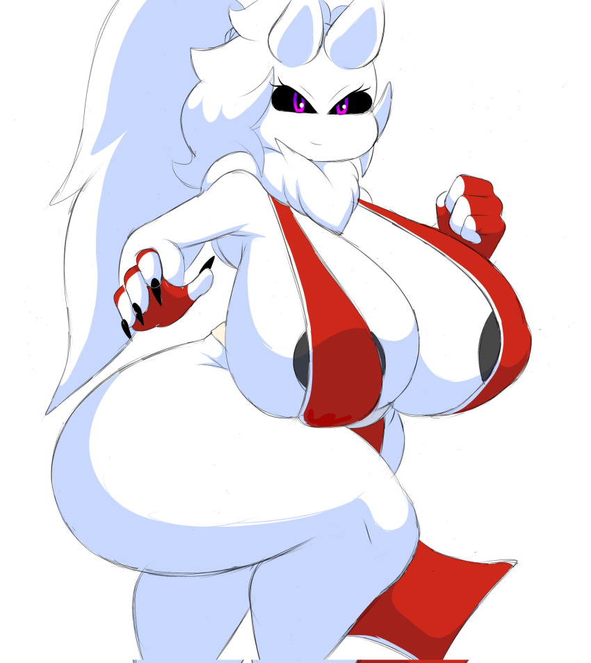 big_ass big_breasts big_butt big_nipples black_sclera determined eyelashes fighting_stance fluffy_hair gloves itisjoidok jolyn_(joikyloki) king_of_fighters loincloth long_hair mai_shiranui_(cosplay) neck_tuft purple_pupils sharp_claws smirk thick_thighs white_fur wide_hips