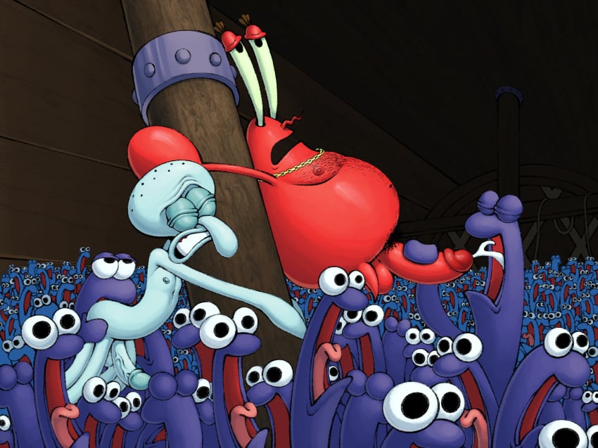 anal anchovy anchovy_(spongebob) anthro arthropod audience bald balls blue_body blue_nipples blue_skin bodily_fluids body_hair cephalopod chain_necklace chains chest_hair closed_eyes coleoid colored crab crowd crustacean cum cum_in_mouth cum_inside decapoda detailed detailed_background dreamscreep ejaculating_cum genital_fluids genitals glistening glistening_balls glistening_body glistening_genitalia glistening_penis gold_(metal) gold_chain gold_jewelry group hairy handjob hi_res inside jewelry lidded_eyes looking_up malacostracan male male/male marine mollusk mr_krabs multi_leg multi_limb necklace necklace_only nickelodeon nipples nude nude_anthro nude_male octopodiform octopus on_model open_mouth oral penile penis pubes red_body red_nipples rimming sex shaded shell smooth_skin spongebob_squarepants spongebob_squarepants_(series) squidward_tentacles teeth tongue tongue_out toony vein veiny_penis wrinkles