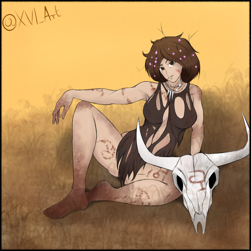 1girls ass_visible_through_thighs bone_necklace brown_eyes brown_hair cleavage covered_navel covered_nipples feet flowers_in_hair herb_bride looking_at_viewer pale_skin pathologic pathologic_2 ritual_markings signature simple_background skull smiling smiling_at_viewer solo_female spread_legs thighs torn_clothes torn_clothing twigs underboob xvi