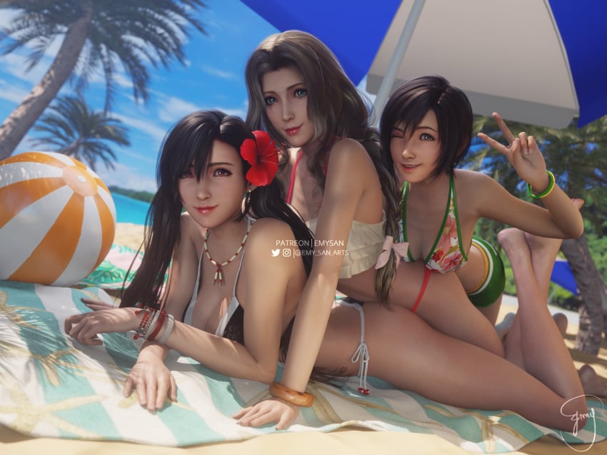 3d 3d_(artwork) 3girls aerith_gainsborough beach bikini emy-san female female_only final_fantasy final_fantasy_vii final_fantasy_vii_remake floral_print laying_down long_hair photo pose short_hair short_shorts shorts smile smiling_at_viewer smooth_skin square_enix swimsuit swimwear tifa_lockhart v_sign wink winking_at_viewer yuffie_kisaragi