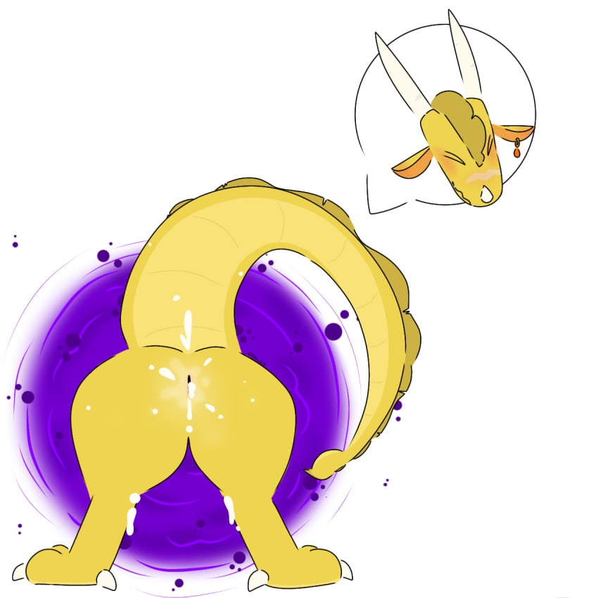 1:1 anthro blush bodily_fluids cum cum_in_ass cum_inside dragon ear_blush ear_piercing ear_ring earwiggy facial_horn genital_fluids hi_res horn male nose_horn piercing portal qibli_(wof) ring_piercing scales solo tail wings_of_fire yellow_body yellow_scales