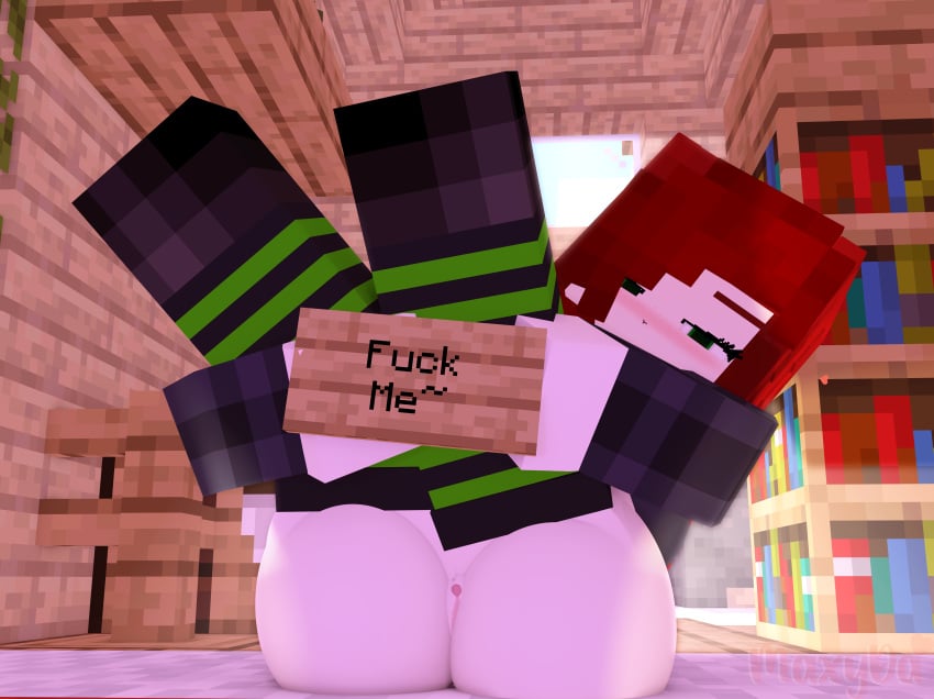 1girls 3d bed bedroom big_ass bookshelf female green_eyes horny_female human humanoid inviting_to_sex looking_at_viewer max_welsh_(maxyda) maxyda mine-imator minecraft no_panties on_bed outside pussy red_hair smile solo solo_female stockings t-shirt tagme wet_pussy