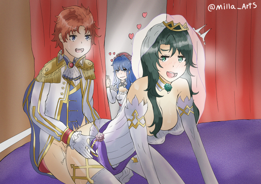 1boy 2girls all_fours alternate_costume bare_shoulders blue_eyes blue_hair breasts breasts_out bridal_veil bride cecilia_(fire_emblem) cleavage doggy_style dress elbow_gloves female fire_emblem fire_emblem:_the_binding_blade fire_emblem_heroes gloves green_eyes green_hair happy heart husband_and_wife kneeling lilina_(fire_emblem) long_hair looking_back looking_pleasured male medium_breasts milla_arts multiple_girls nintendo nipples official_alternate_costume open_mouth red_hair roy_(fire_emblem) see-through sex shoulders small_breasts smile thighhighs veil voyeur walk-in wedding_dress wife