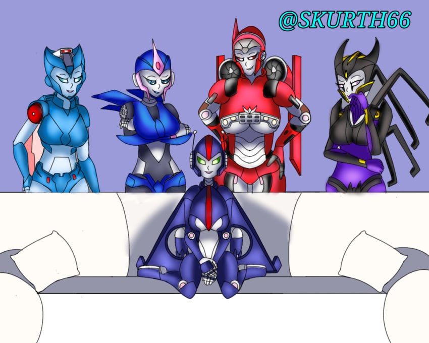 5girls airachnid arcee arcee_(prime) autobot big_breasts bumblebee_movie chromia couch crossover decepticon female female_autobots female_decepticons female_only imminent_sex meme original original_character piper_perri_surrounded robot robot_girl shatter_(transformers) skurth66 skywing_(skur) smile transformers transformers_prime yuri