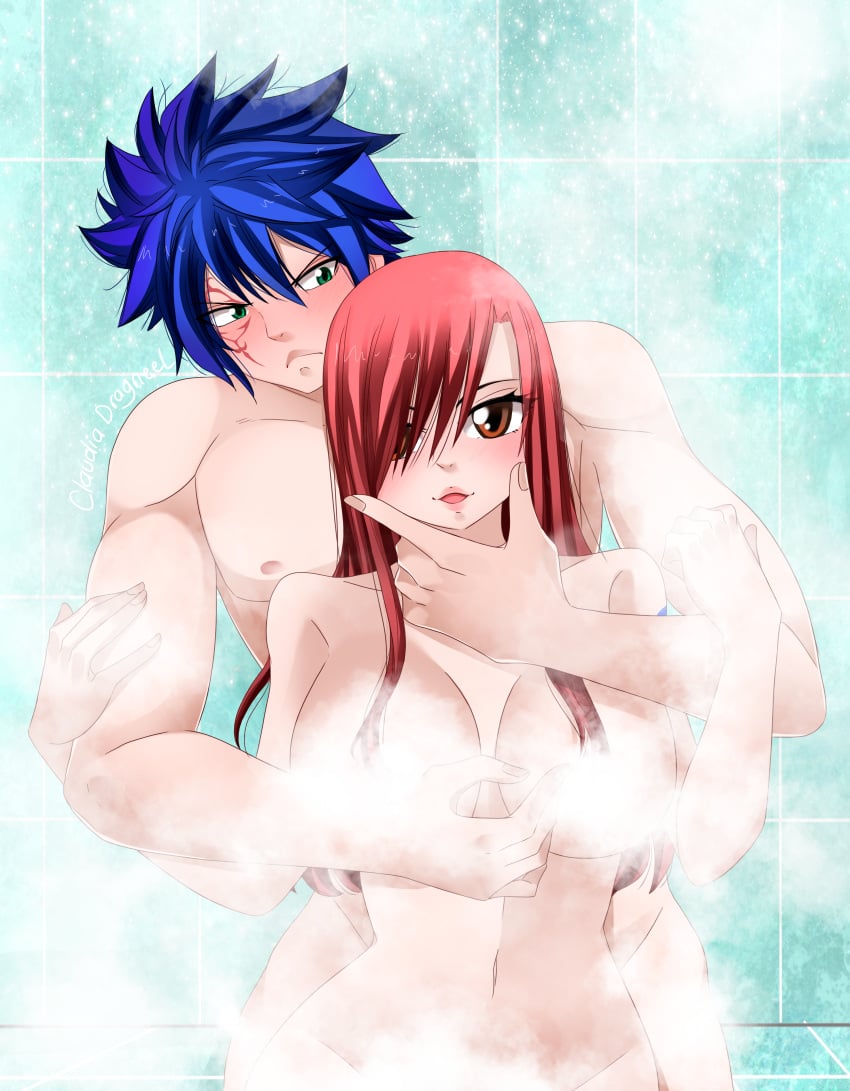 1boy 1girls blue_hair claudia_dragneel convenient_censoring erza_scarlet face_tattoo fairy_tail jellal_fernandes nude_female nude_male romantic_couple shoulder_tattoo shower steam