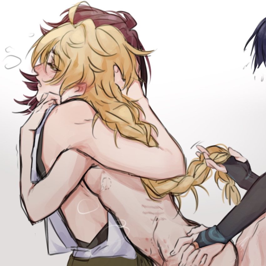 3boys aether_(genshin_impact) anal anal_sex ass_grab blonde_hair blush braided_hair comforting genshin_impact hair_grab hug hugging_from_behind hugging_partner hugging_while_having_sex male male_only purple_eyes red_hair scaramouche_(genshin_impact) shikanoin_heizou wanderer wholesome yaoi