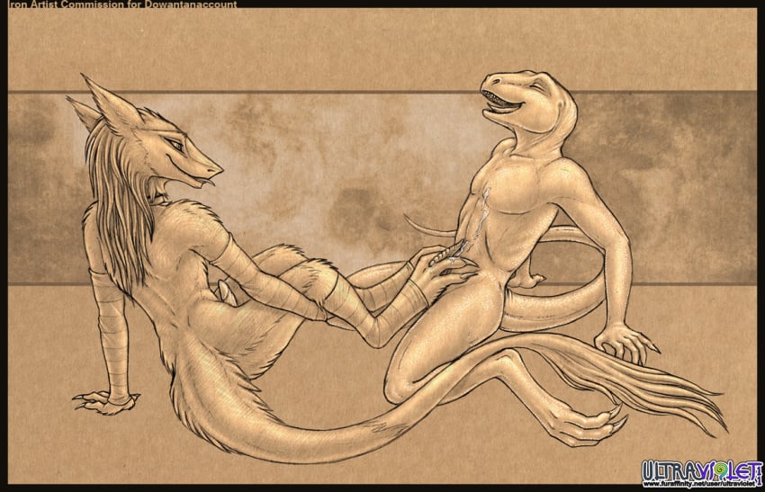 2boys animal_penis anthro artist_name artist_website bald body_fur cum erection footjob gay gay_sex lizard long_hair_male male male_only monochrome penis scalie scaly_penis sepia sergal sketch tail tail_tuft tongue tongue_out ultraviolet_(artist) veiny_penis