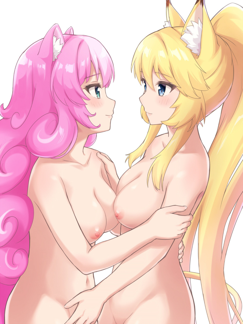 animal_humanoid areola big_breasts blonde_hair blue_eyes blush breasts canid canid_humanoid canine canine_humanoid cat_humanoid domestic_cat duo embrace felid felid_humanoid feline feline_humanoid felis female female/female fluffy_ears fox fox_humanoid hair hi_res hug huge_breasts humanoid long_hair machikado07 mammal mammal_humanoid mouth_closed navel nipples nude pink_hair rararin_(show_by_rock!!) sanrio show_by_rock!! simple_background sumomone_(show_by_rock!!)