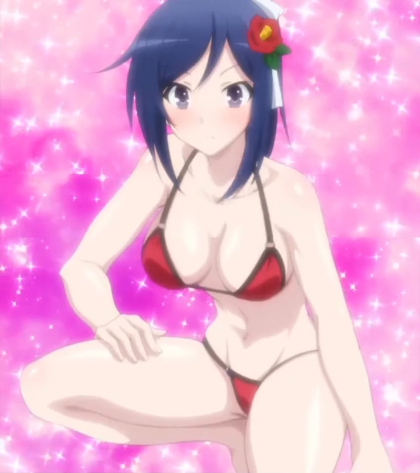 1girls big_breasts bikini blue_hair blush breasts busty female female_only flower highres isekai_wa_smartphone_to_tomo_ni. kneeling large_breasts long_hair looking_at_viewer navel purple_eyes screencap stitched swimsuit third-party_edit tsubaki_(isekai_wa_smartphone_to_tomo_ni) voluptuous