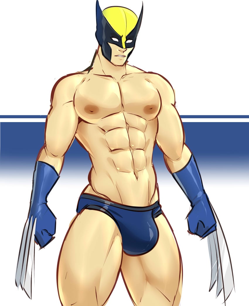 1boy alternate_version_available balls bara black_hair bulge claws flaccid gasaiv gloves male male_only marvel marvel_comics mask muscles muscular mutton_chops partially_clothed penis solo solo_male underwear wolverine_(x-men) x-men yaoi