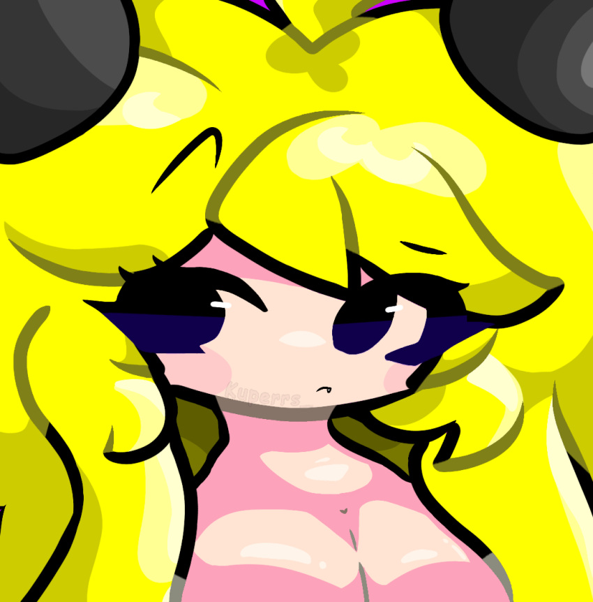 1girls big_eyes big_hair black_eyes black_lineart blush bright_colors fnf_style horns katie_(mr.kuperrs) mr.kuperrs nude nude_female shading_eyes shy solo tagme watermark yellow_hair young