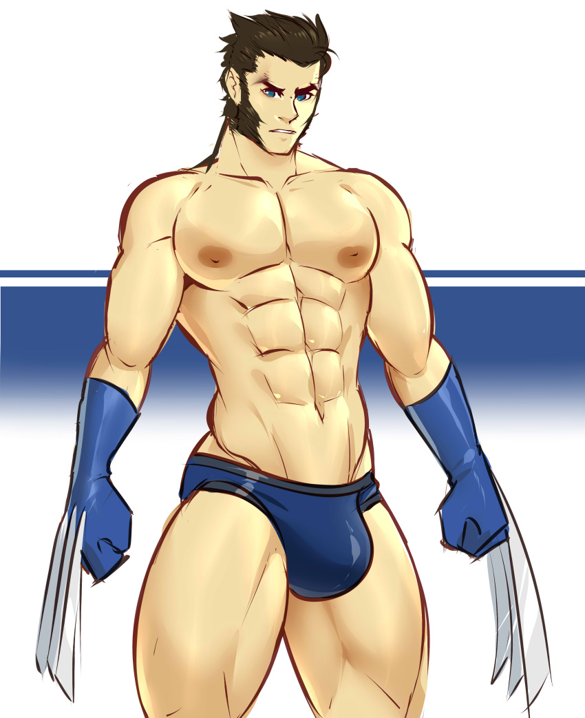 1boy alternate_version_available balls bara black_hair bulge claws gasaiv gloves male male_only marvel marvel_comics muscles muscular mutton_chops partially_clothed penis solo solo_male underwear wolverine_(x-men) x-men yaoi