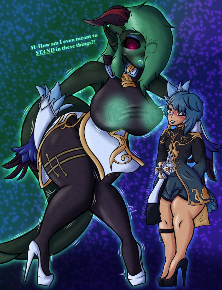 alien alien_girl alien_humanoid bell bell_collar big_ass big_breasts big_butt black_sclera blue_hair blue_makeup bodystocking bodysuit bodysuit_under_clothes chubby chubby_female clothed clothing cosplay fangs femboy fishnet fishnet_bodysuit fishnets freckles freckles_on_arms freckles_on_ass freckles_on_breasts freckles_on_butt freckles_on_chest freckles_on_face freckles_on_shoulders freckles_on_thighs ganyu_(genshin_impact) ganyu_(genshin_impact)_(cosplay) genshin_impact girly gloves glowing glowing_eyes glowing_genitalia glowing_nipples glowing_pussy gold_eyes green_areola green_body green_hair green_nipples green_pussy green_skin heels high_heels horns huge_ass huge_breasts huge_butt huge_thighs loincloth makeup mistyy_dark_story_(artist) orange_eyes overweight overweight_female pink_eyes pointy_ears sall_(mistyy) sharp_teeth shaved_side size_difference slightly_chubby slightly_chubby_female stars_in_hair stiletto_heels tail tall tall_female taller_girl thick thick_ass thick_thighs xingqiu_(genshin_impact)