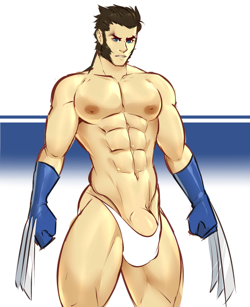 1boy alternate_version_available balls bara black_hair bulge claws gasaiv gloves male male_only marvel marvel_comics muscles muscular mutton_chops partially_clothed penis solo solo_male underwear wolverine_(x-men) x-men yaoi