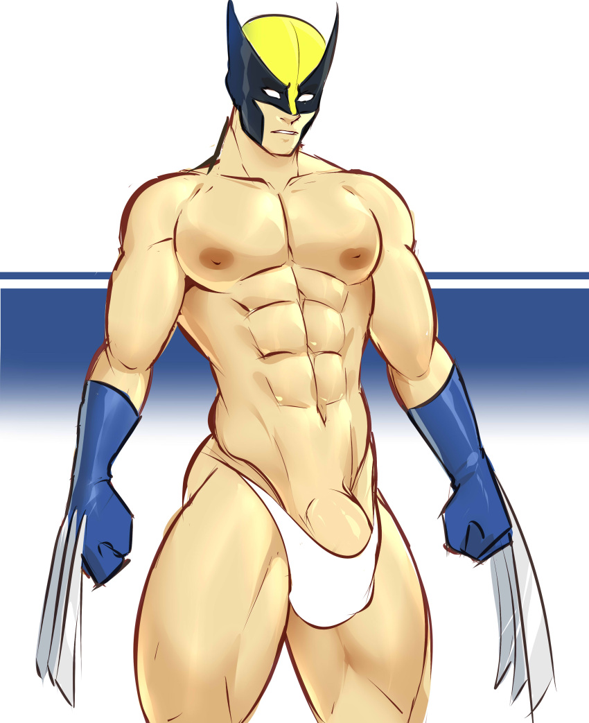 1boy alternate_version_available balls bara black_hair bulge claws flaccid gasaiv gloves male male_only marvel marvel_comics mask muscles muscular mutton_chops partially_clothed penis solo solo_male underwear wolverine_(x-men) x-men yaoi