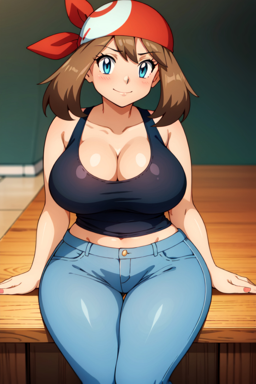 ai_generated big_breasts blue_eyes blue_jeans brown_hair cleavage crop_top hands_on_table jeans looking_at_viewer may_(pokemon) pokemon portrait red_bandana seraphim_ai stable_diffusion