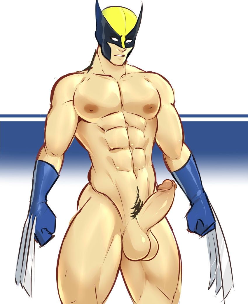 1boy alternate_version_available balls bara black_hair boner claws erection gasaiv gloves male male_only marvel marvel_comics mask muscles muscular mutton_chops partially_clothed penis solo solo_male wolverine_(x-men) x-men yaoi