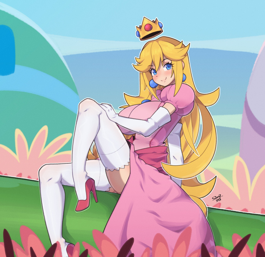 1girls arm_support big_breasts blonde_hair blue_eyes breasts busty dress female female_only heels large_breasts legs long_hair looking_at_viewer mario_(series) nintendo princess princess_peach sitting smile solo soul_art12 super_mario_bros. thighs voluptuous