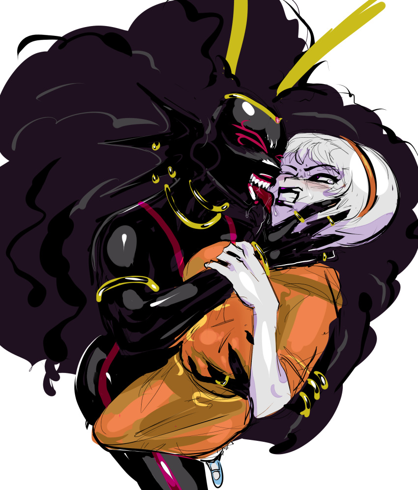 2girls black_lipstick breasts_bigger_than_head clothed female female_only fins goth groping groping_breasts hairband homestuck huge_breasts jewelry licking licking_face lipstick lysanthum multiple_girls rose_lalonde saliva skinsuit tearing_up the_condesce tiara