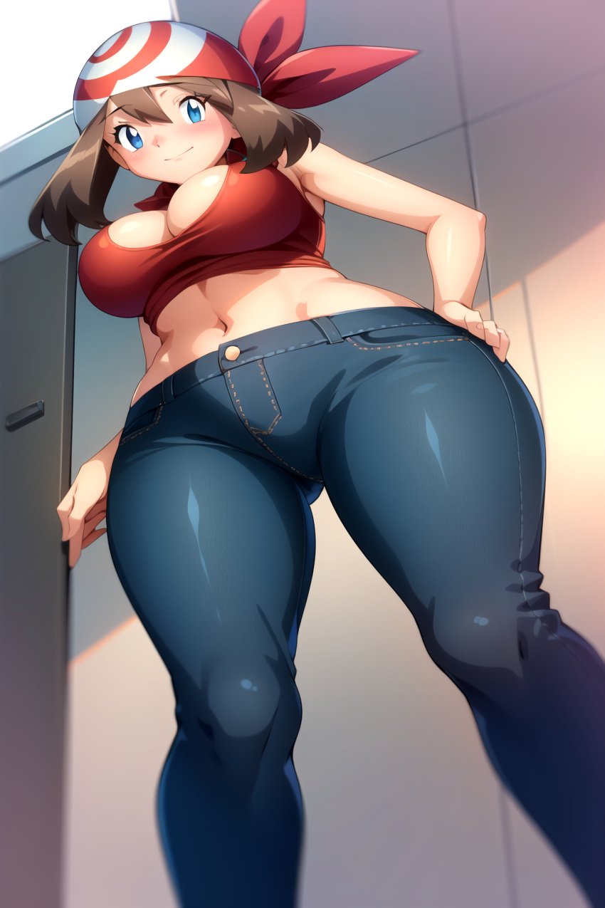 1girls ai_generated big_breasts blue_eyes blue_jeans brown_hair busty child_bearing_hips cleavage crop_top female from_below full_body hand_on_hip jeans large_breasts le_diffusion looking_at_viewer may_(pokemon) midriff navel pants pokemon pose posing red_bandana seraphim_ai smile solo stab standing wide_hips