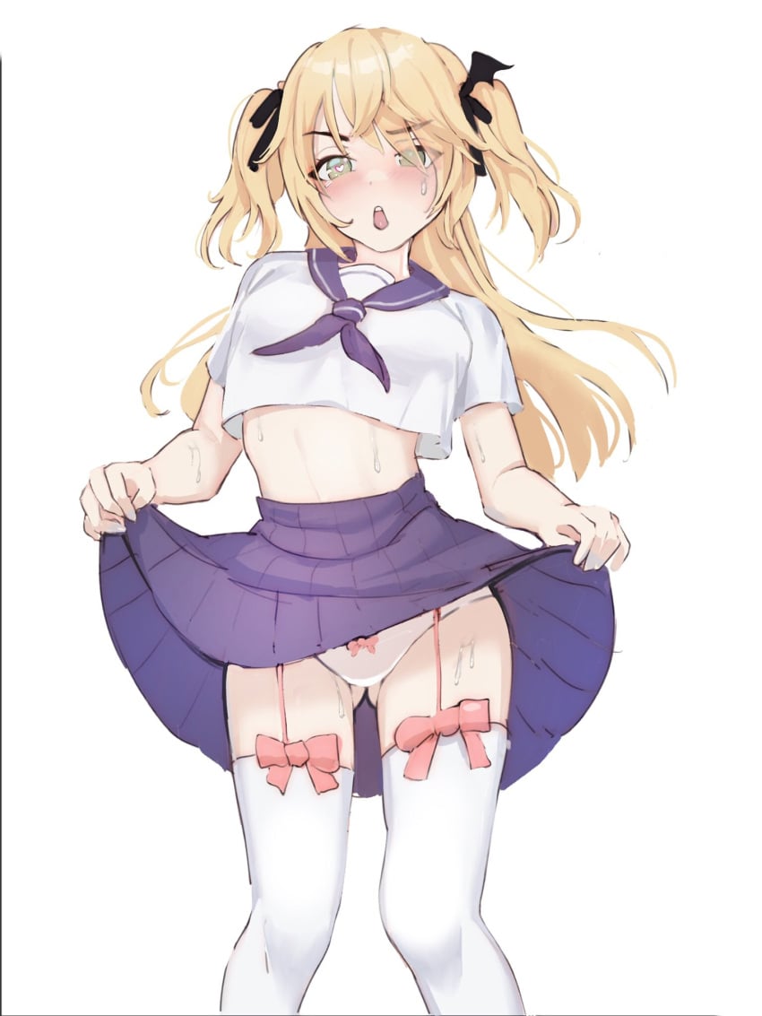 1girls ass_visible_through_thighs belly big_ass black_bow blonde_hair blush blushing_at_viewer crop_top evangellium female fischl_(ein_immernachtstraum)_(genshin_impact) fischl_(genshin_impact) genshin_impact green_eyes heart-shaped_pupils horny hourglass_figure medium_hair panties pink_bow presenting presenting_panties purple_skirt pussy_juice_drip school_uniform schoolgirl skirt skirt_lift slutty_outfit small_breasts socks standing sweat sweatdrop sweating thigh_socks thighhighs thighs thin_waist twintails white_panties white_skin white_socks white_top younger_female