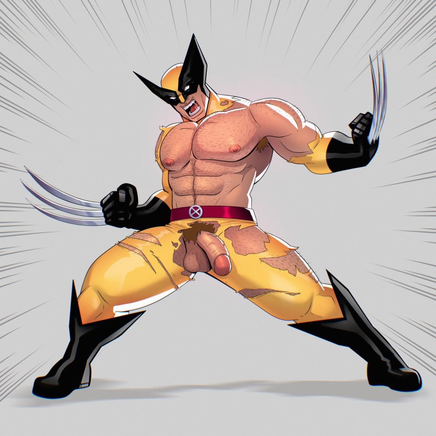 1boy balls bara black_hair claws male male_only marvel marvel_comics mask mavekkart muscles muscular mutton_chops penis penis_out ripped_clothing solo solo_male superhero_costume wolverine_(x-men) x-men yaoi