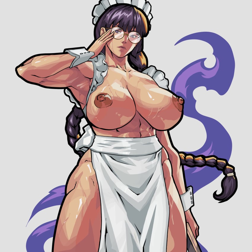 1girls abs absurd_res apron apron_only areolae armpits black_hair black_lagoon breasts busty cuffs equinox006 erect_nipples glasses hi_res hourglass_figure large_breasts long_hair maid maid_apron maid_headdress maid_outfit maid_uniform muscle_tone muscular nipple_bulge nipples nude nude_female nudity roberta_cisneros simple_background solo standing topless twin_braids wide_hips