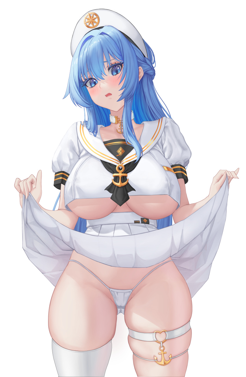 1girls aqua_hair blue_eyes blush breasts clothes_lift female female_only goddess_of_victory:_nikke hat helm_(nikke) highres light-skinned_female light_skin long_hair long_sleeves ruinabyss sailor simple_background skindentation skirt skirt_lift solo thighhighs underboob very_long_hair white_headwear