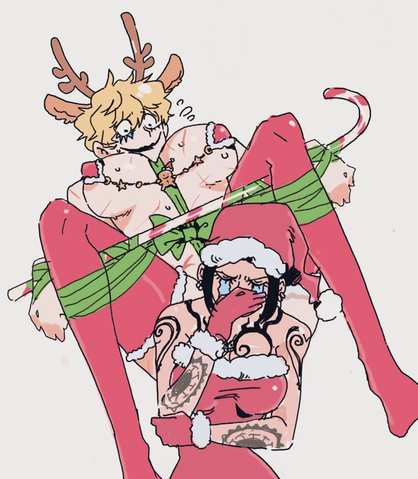 2girls big_breasts black_hair blonde_hair bondage candy_cane canon_genderswap character_censor christmas christmas_outfit convenient_censoring donquixote_rosinante facepaint female female_only gajja genderswap_(mtf) makeup micro_bikini nervous one_piece red_legwear red_thighhighs reindeer_antlers reindeer_ears ribbon_bondage rule_63 santa_hat scars shiku_shiku_no_mi short_hair shounen_jump spread_legs spreader_bar sweat tattoo tattoos tears thighhighs trafalgar_law trafalgar_law_(female) very_short_hair